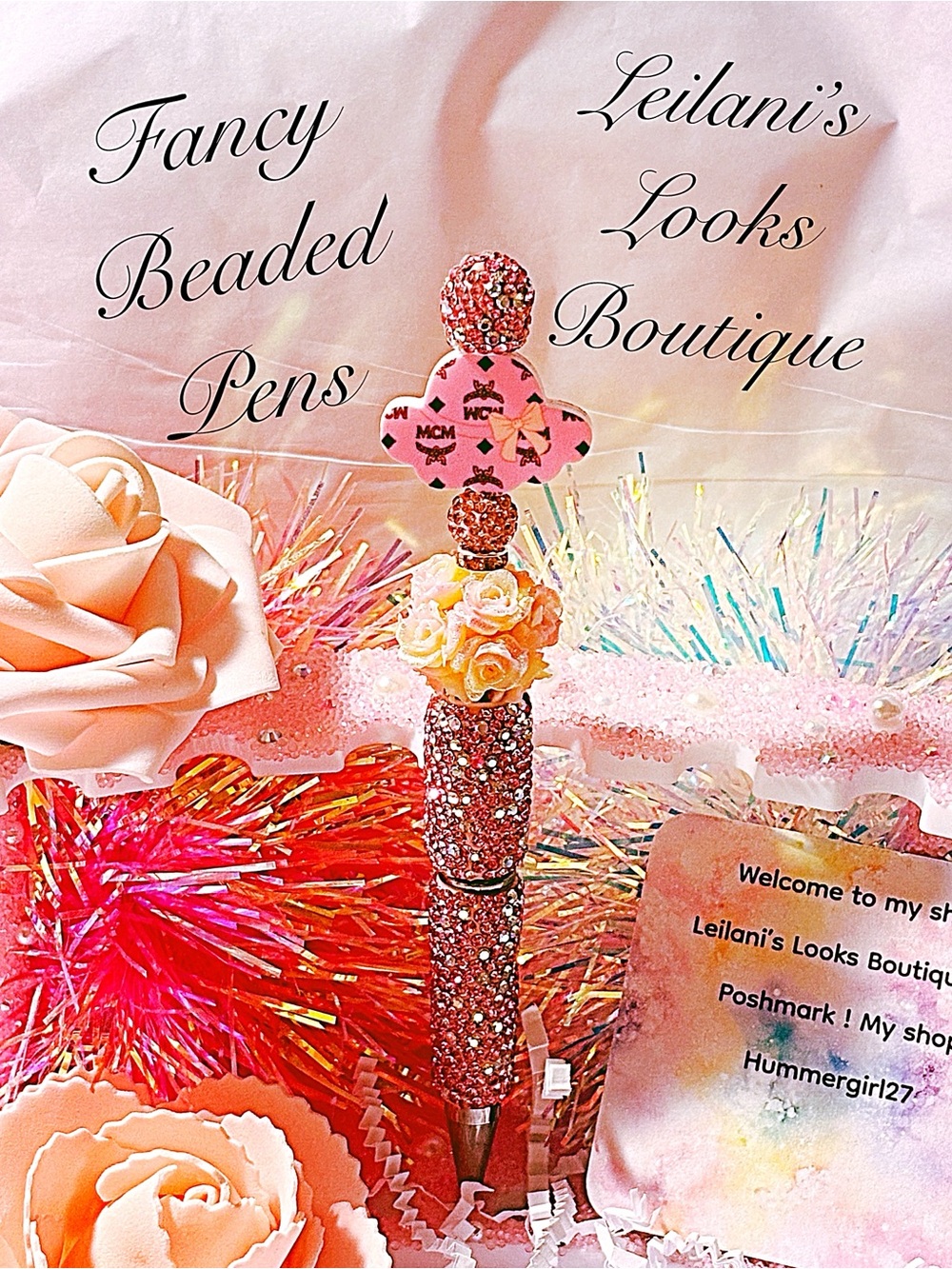 Pink Beaded Floral Glam Pen/Pink glittery pen with rhinestones and pink hat
